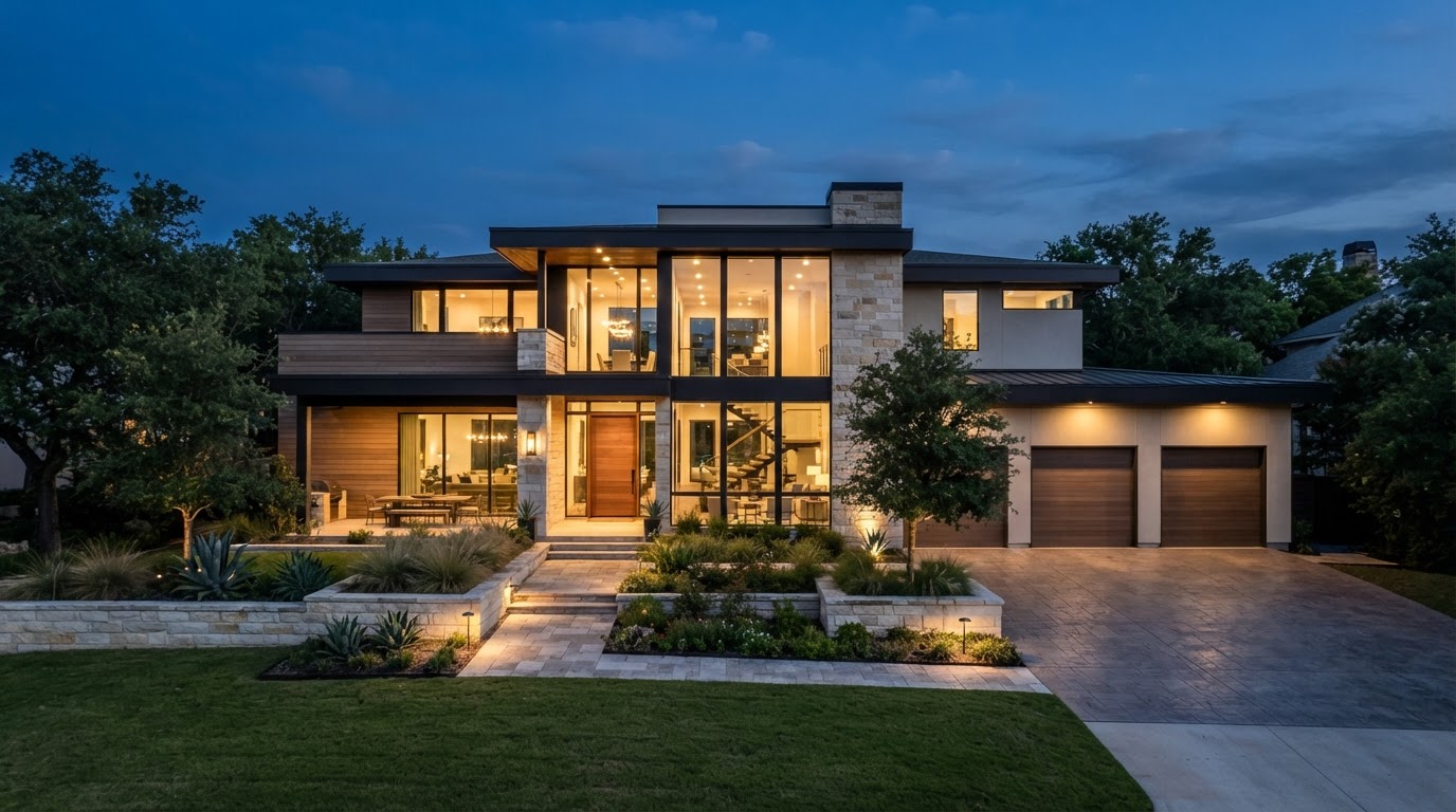 Refined modern custom home exterior at dusk with warm interior glow