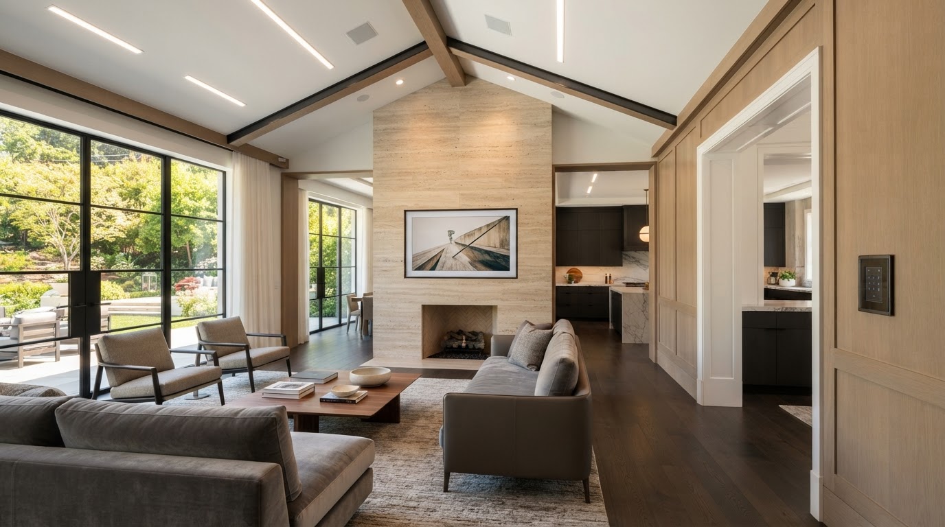Premium finished great room with flush wall-mounted display and recessed speakers, no visible wires