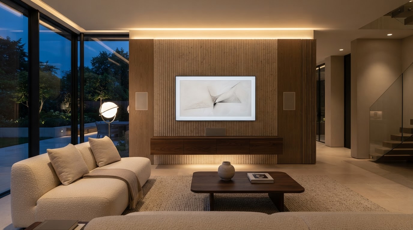 Premium finished luxury home interior at dusk with technology visually subordinate to architecture