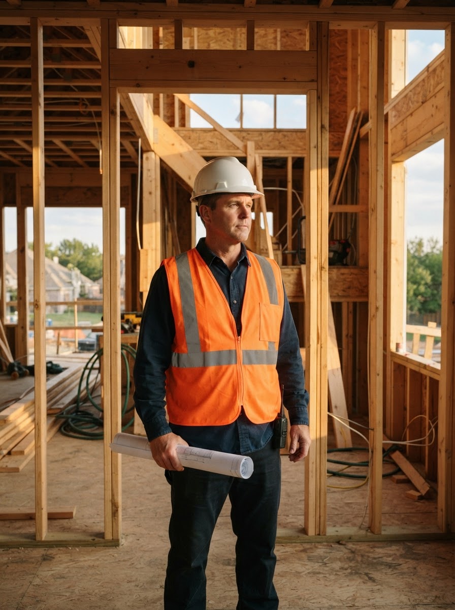 Construction superintendent reviewing architectural plans on a tablet at a jobsite
