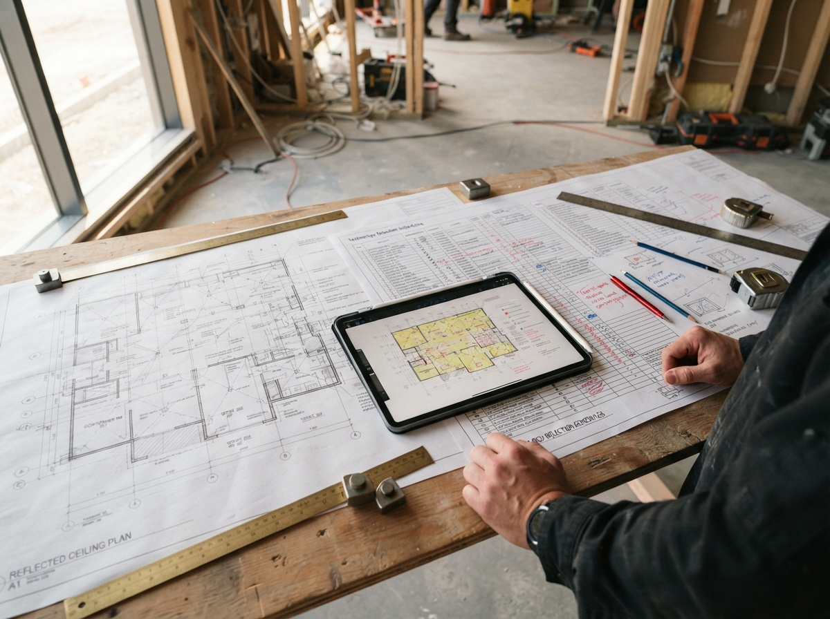 Reflected ceiling plans and technology selection sheets spread on a construction table with a tablet showing RCP markup
