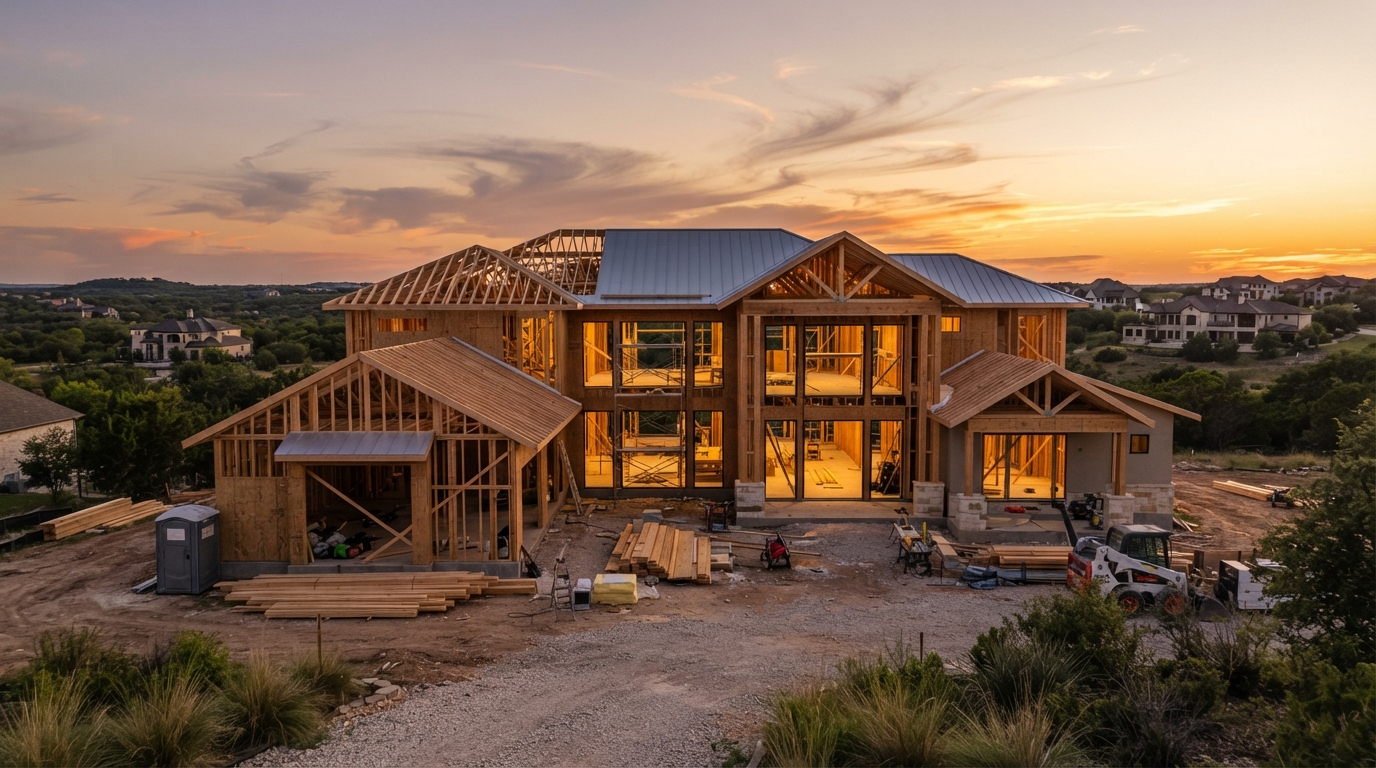 Modern luxury custom home under construction in Dallas–Fort Worth at golden hour