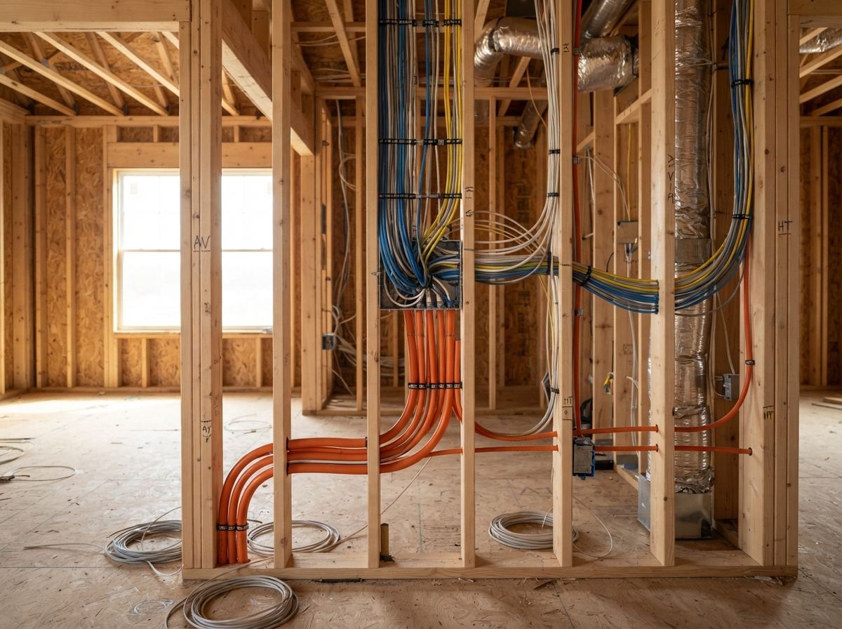 Open wall studs with neatly run low-voltage structured wiring during rough-in