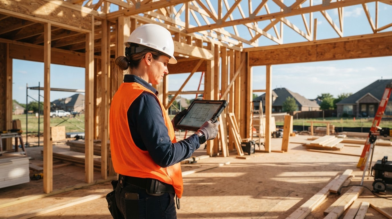 Project manager in a hard hat reviewing construction plans on a tablet at a jobsite
