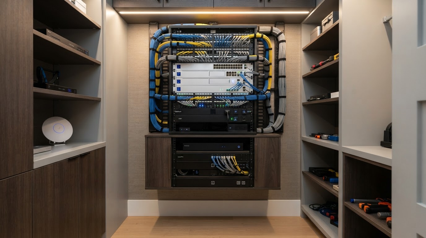 Structured wiring distribution panel and equipment rack with labeled cabling