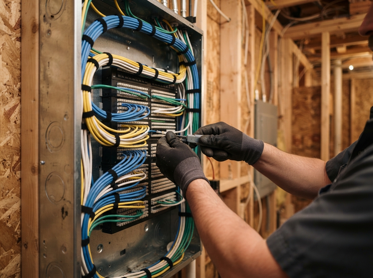 Technician hands working on neat structured wiring at a panel