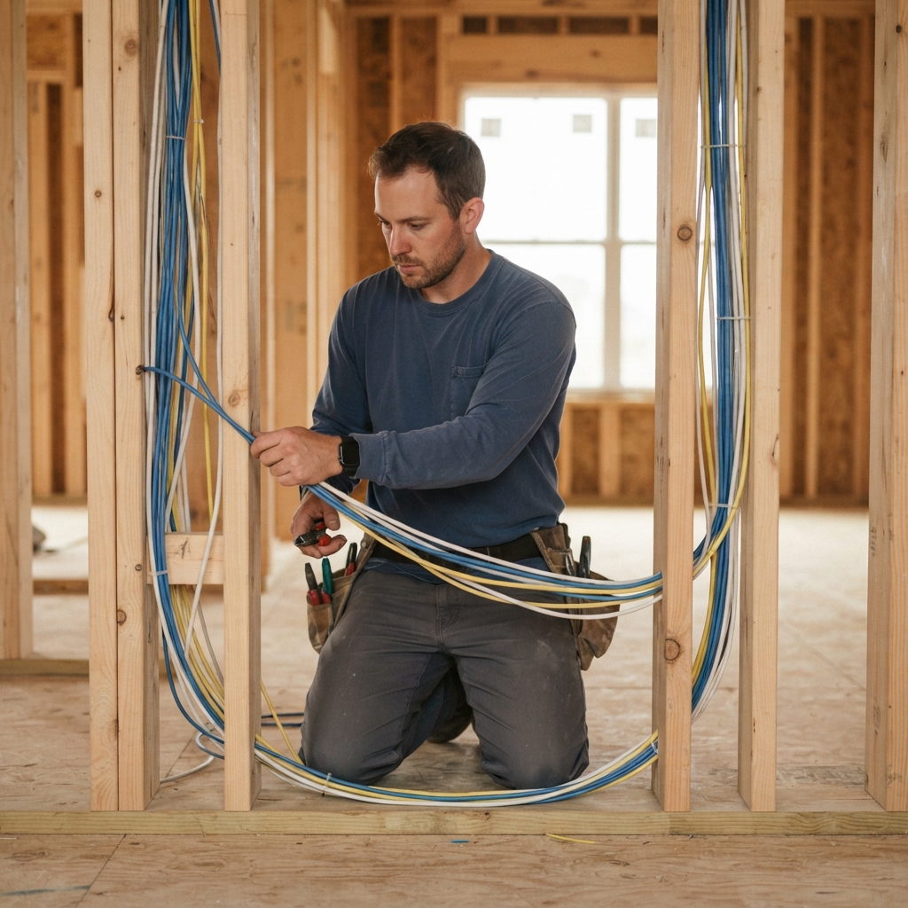 Low-voltage technician routing structured wiring through open wall studs during rough-in