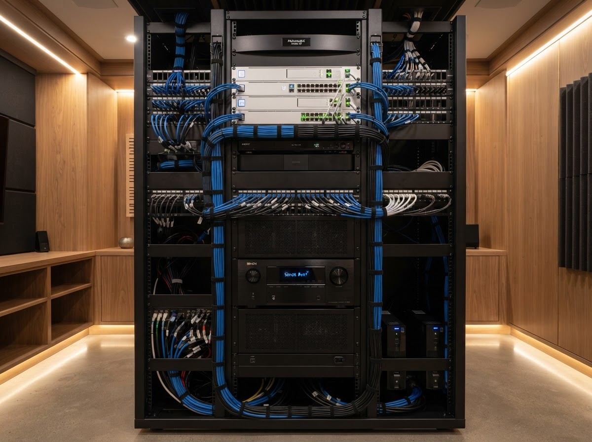 Clean organized equipment rack with neatly bundled labeled cabling