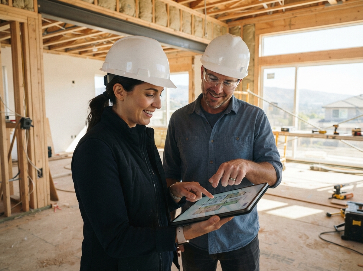 A builder and homeowner reviewing a tablet together in a home under construction