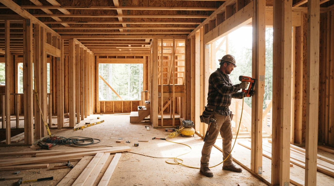 Residential wood framing construction with wall studs and floor joists visible