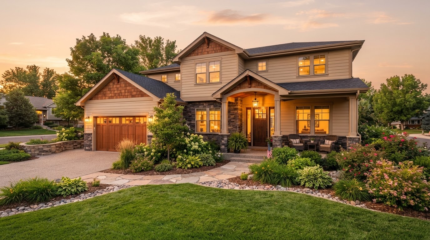 Finished suburban American home exterior at golden hour