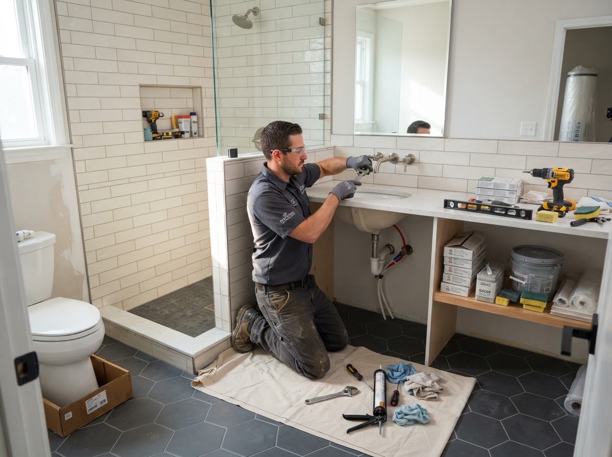 Residential bathroom remodel in progress with new tile work on walls