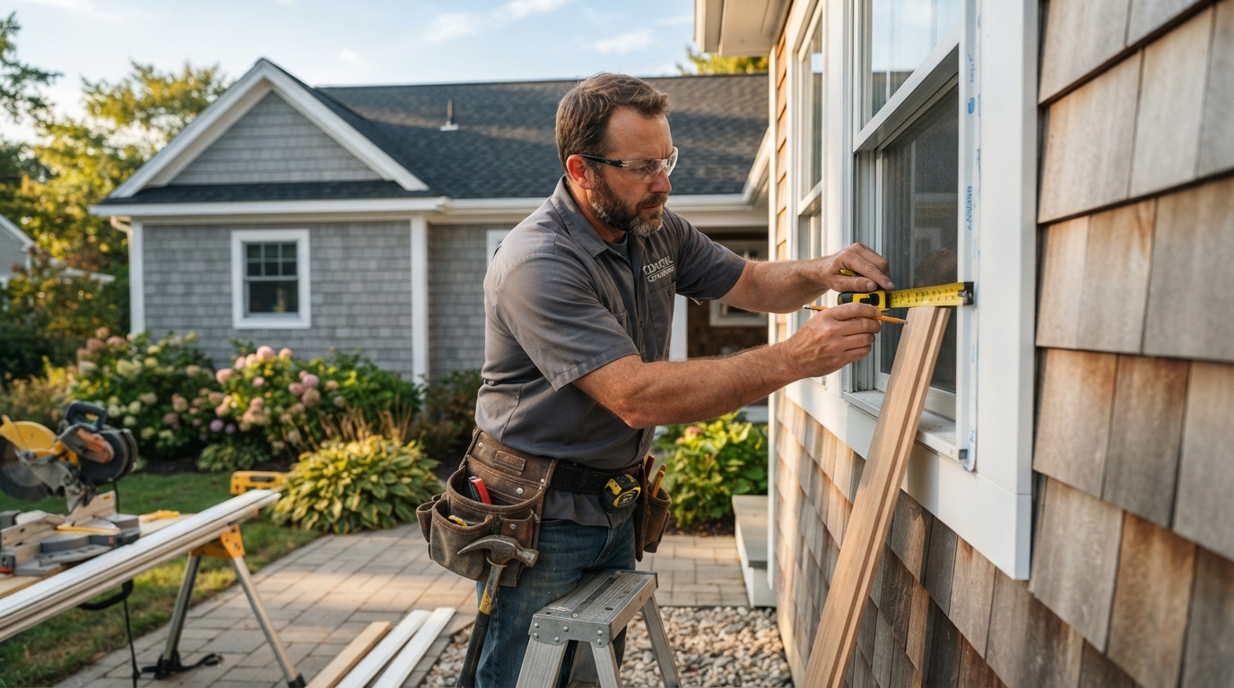 Contractor working with tools on a residential home exterior with visible craftsmanship