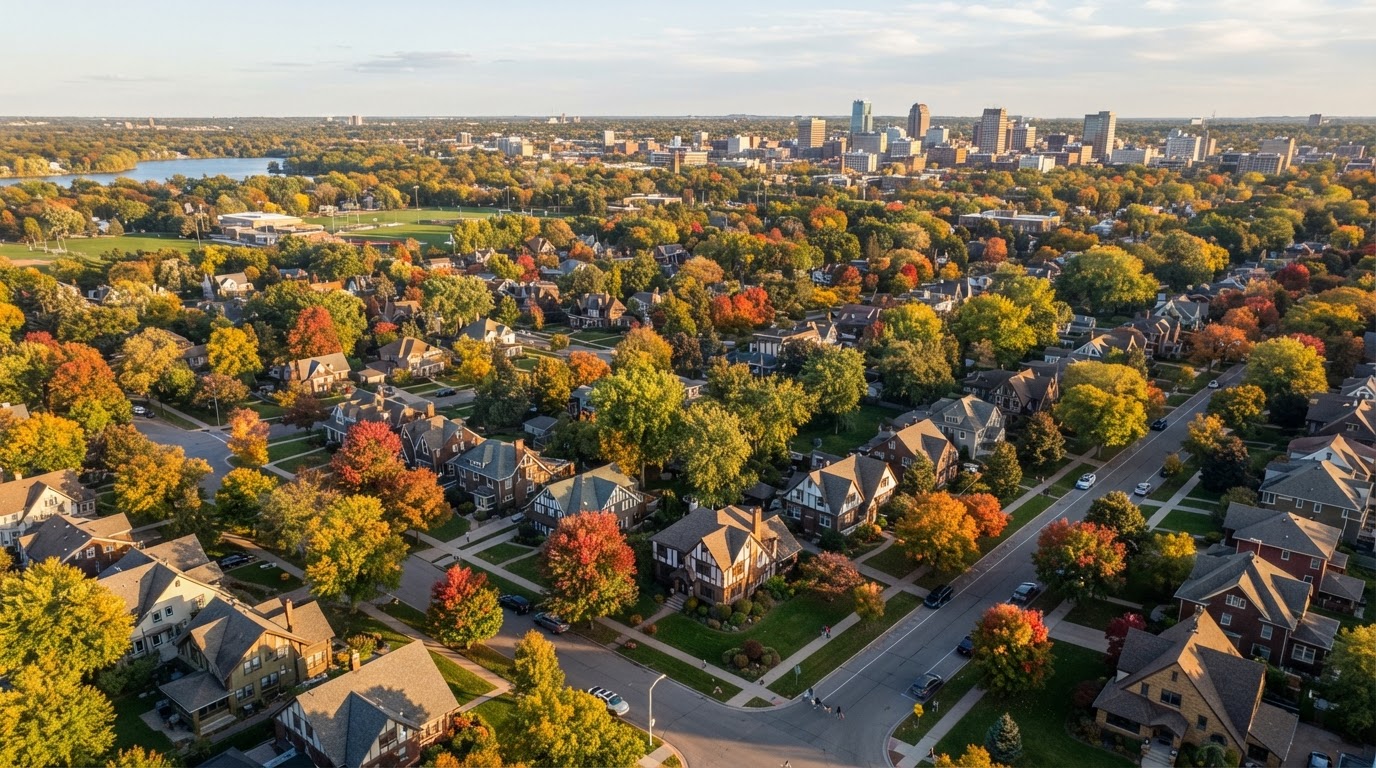 Aerial view of Grand Rapids Michigan residential neighborhoods with tree-lined streets