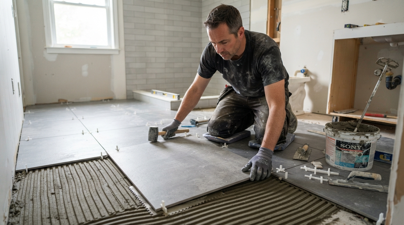 Professional tile installer laying ceramic floor tiles with spacers during a residential bathroom renovation in Grand Rapids Michigan