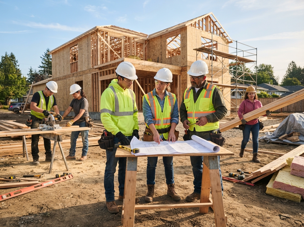 Small construction team collaborating on a residential job site