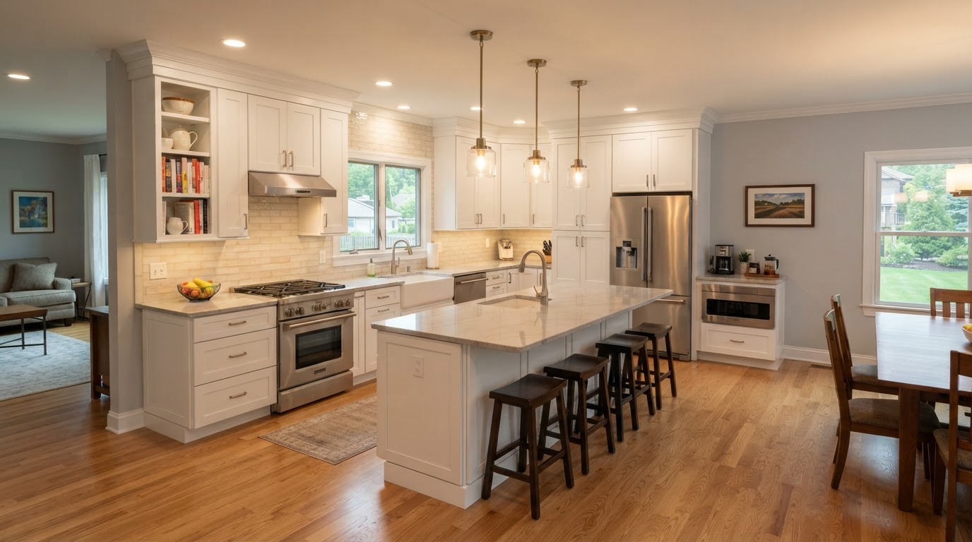 Beautifully finished residential kitchen remodel with new cabinetry, tile backsplash and modern lighting in Grand Rapids Michigan