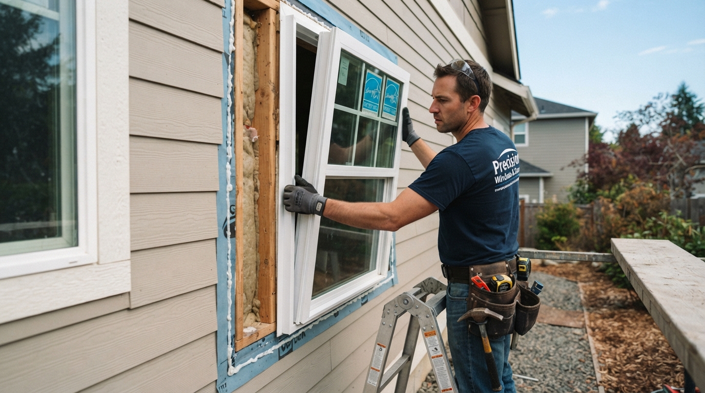 Professional contractor installing a new energy-efficient window in a residential home exterior in Grand Rapids Michigan