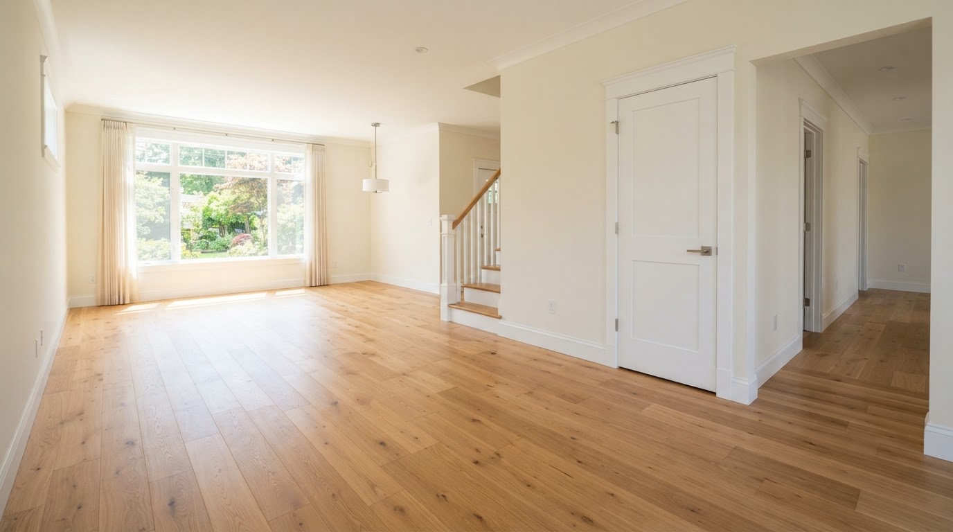 Residential interior with freshly installed hardwood flooring, painted walls and new trim