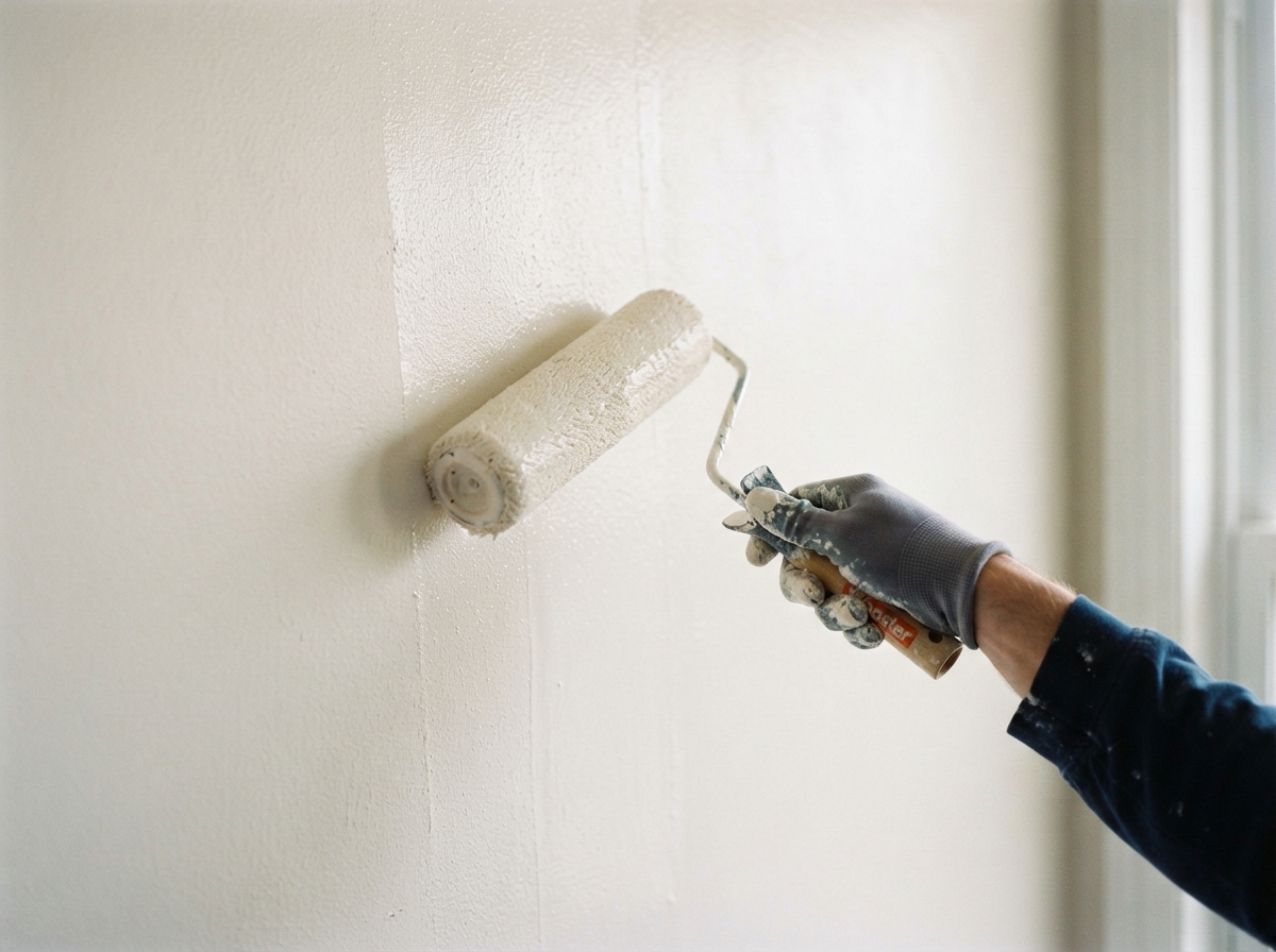 Close-up of a paint roller applying smooth interior wall paint