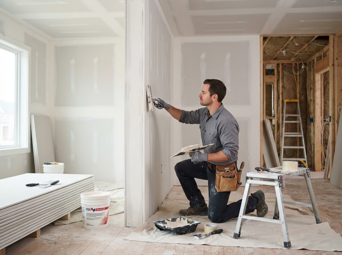 Worker mudding and taping drywall seams during residential interior renovation