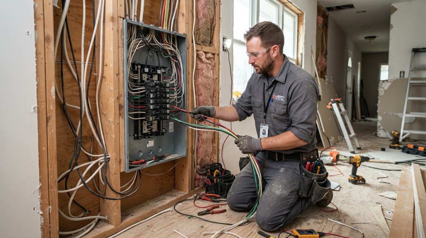 Professional electrician installing a new electrical panel and wiring in a home wall during a remodel in Grand Rapids Michigan