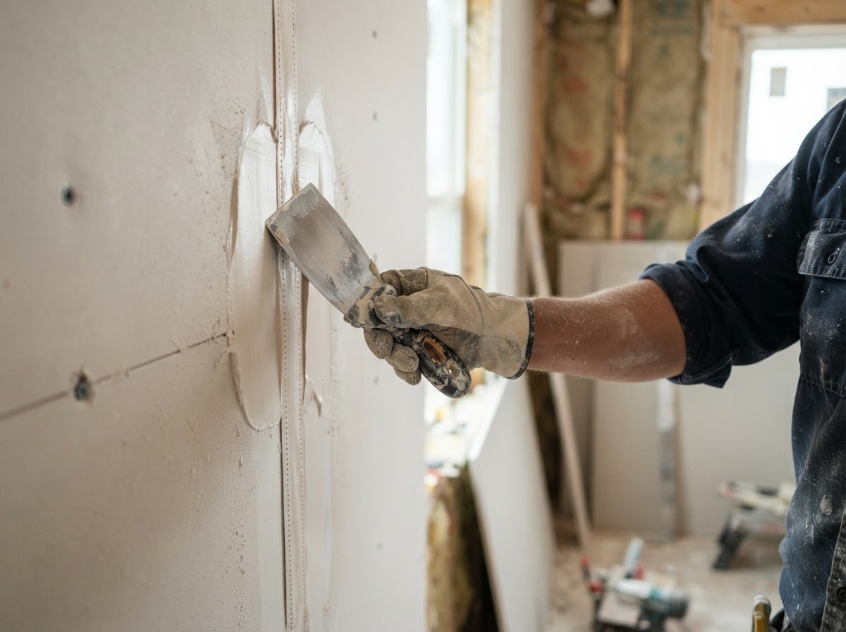 Close-up of drywall mud being applied to seams with a taping knife