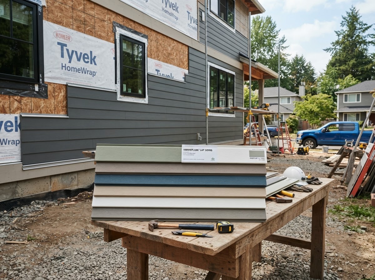 Siding material samples in different colors next to a partially sided home