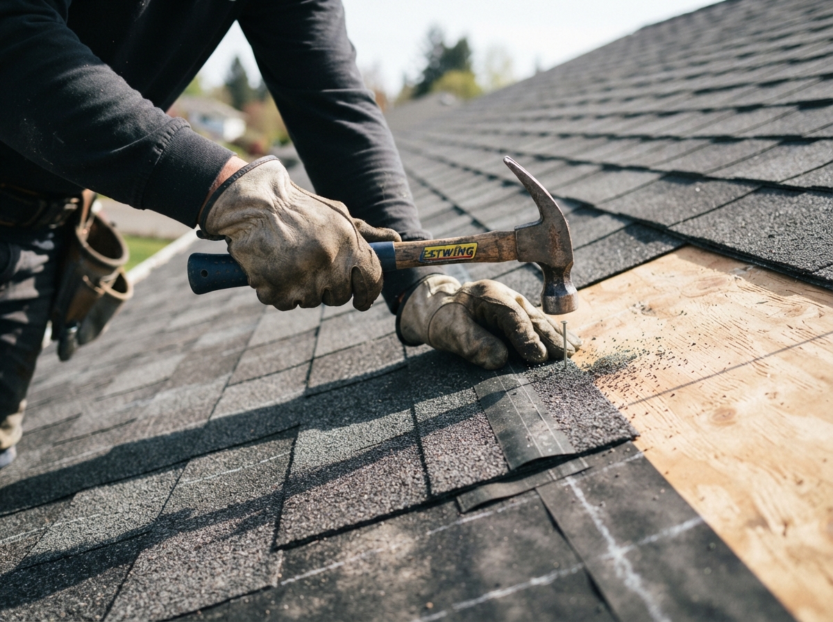 Close-up of roofing shingles being installed with proper nailing technique