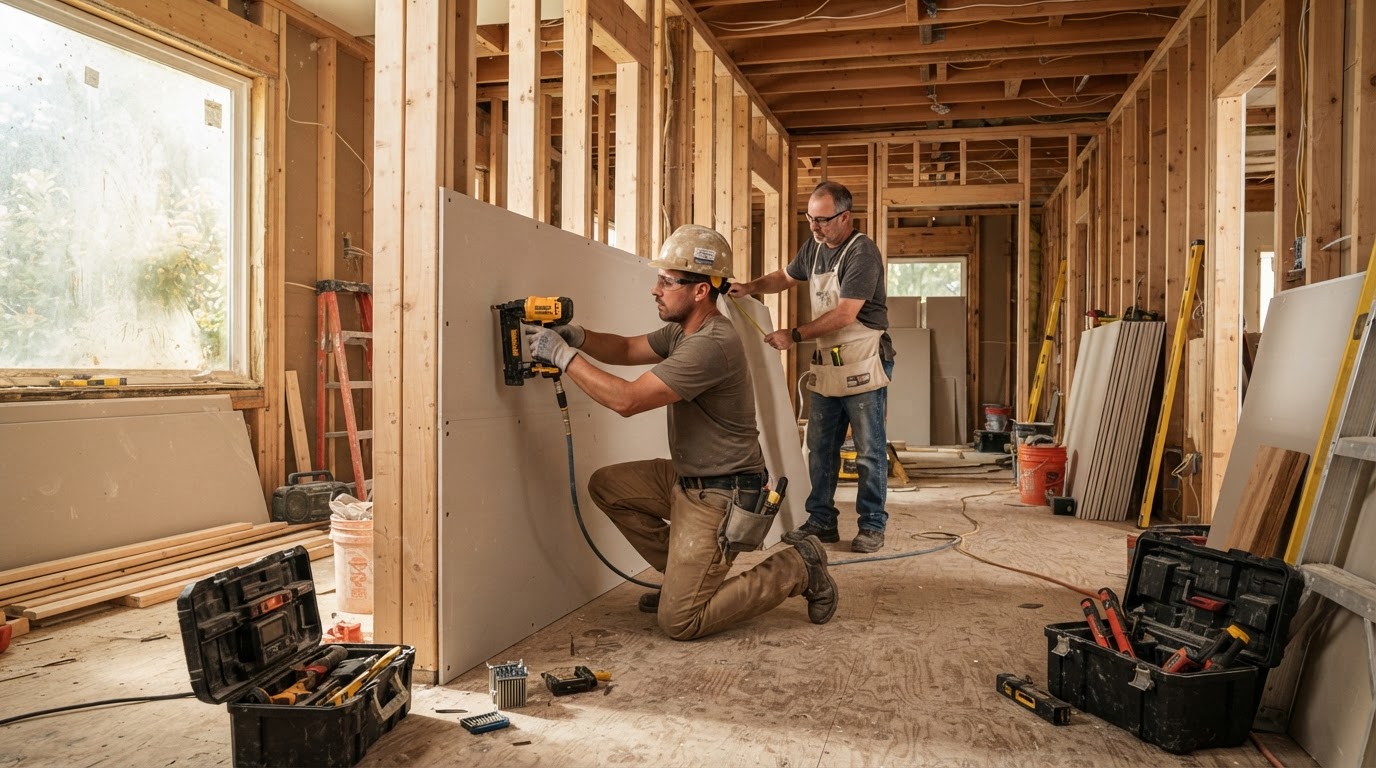 Active residential renovation interior with workers installing drywall and framing