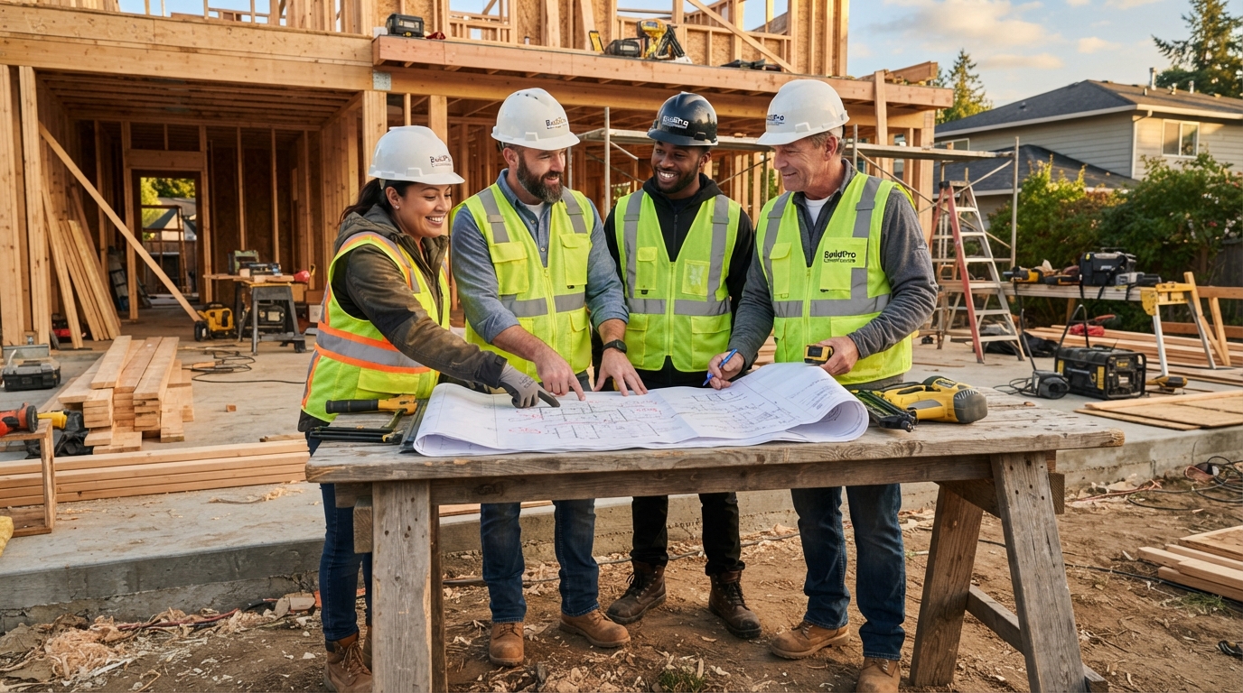 Small construction team of workers in safety gear collaborating on a residential job site