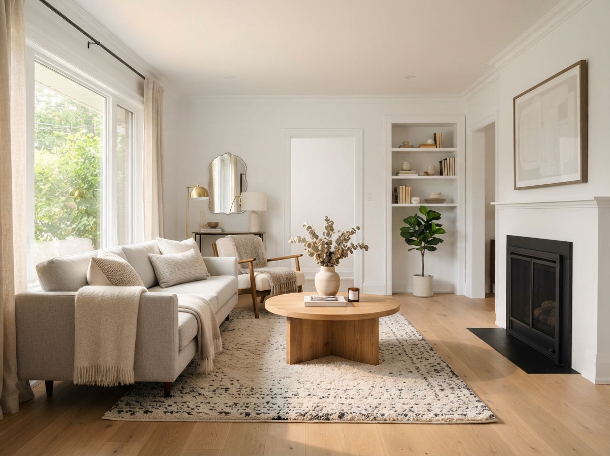 Finished residential interior with new flooring, paint and trim after renovation