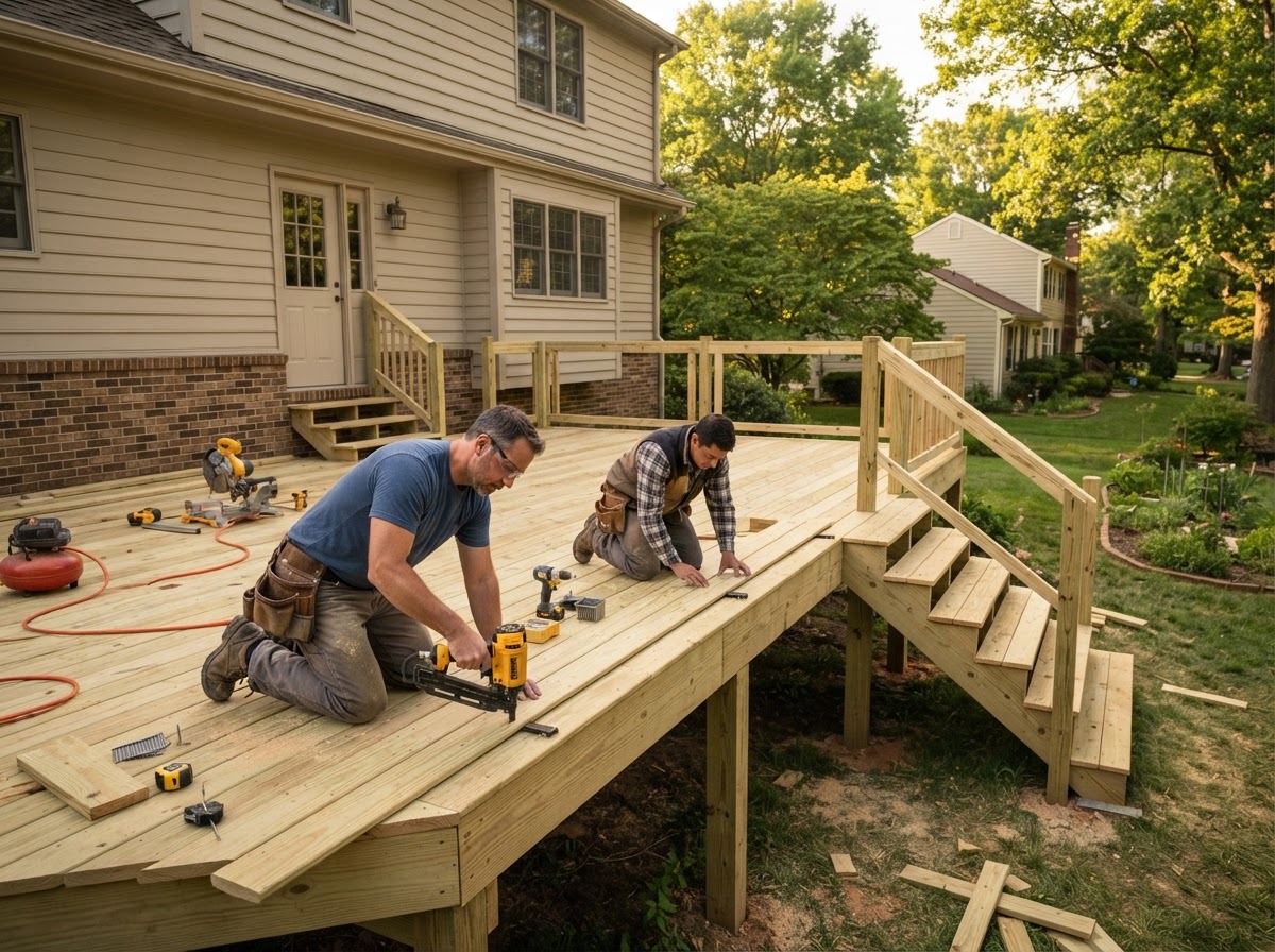 Newly built residential wooden deck attached to a suburban home