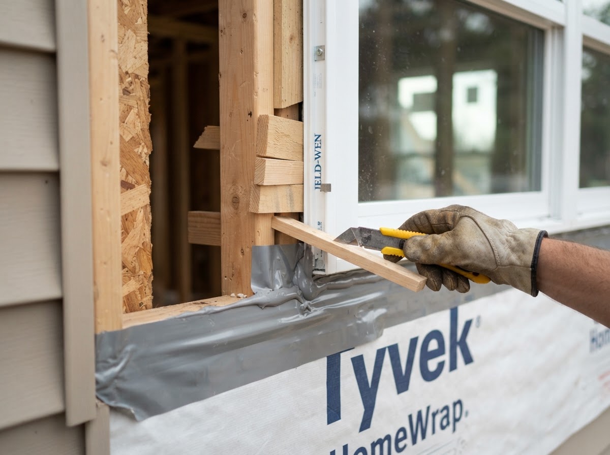 Close-up of a new window being sealed and shimmed into a residential wall opening