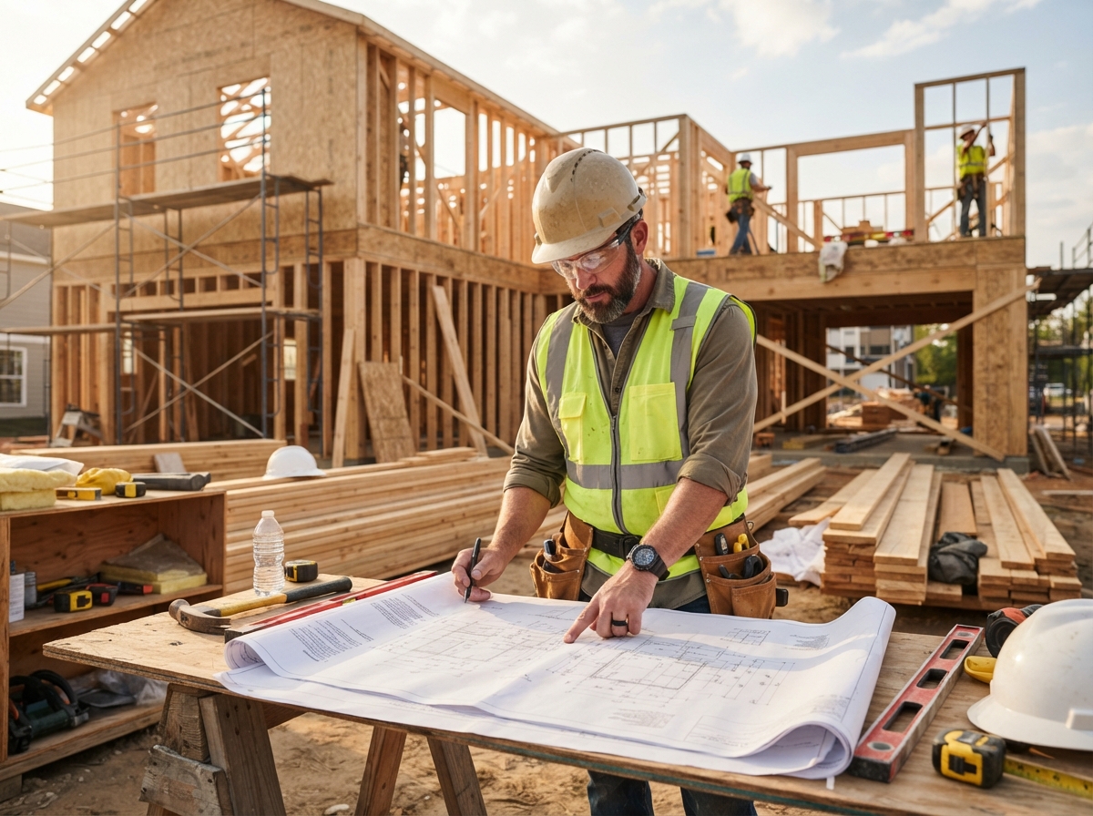 Contractor reviewing blueprints and project plans at a residential construction site
