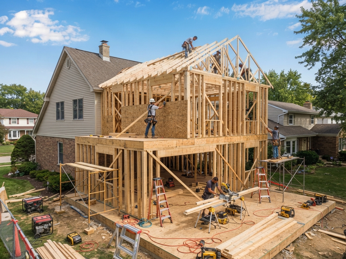 Home addition under construction with wooden framing in Westside Connection