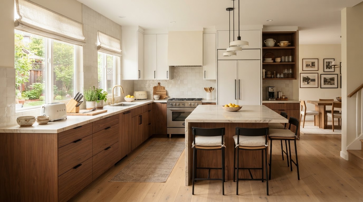 Beautifully finished modern residential kitchen remodel with new cabinetry and tile backsplash