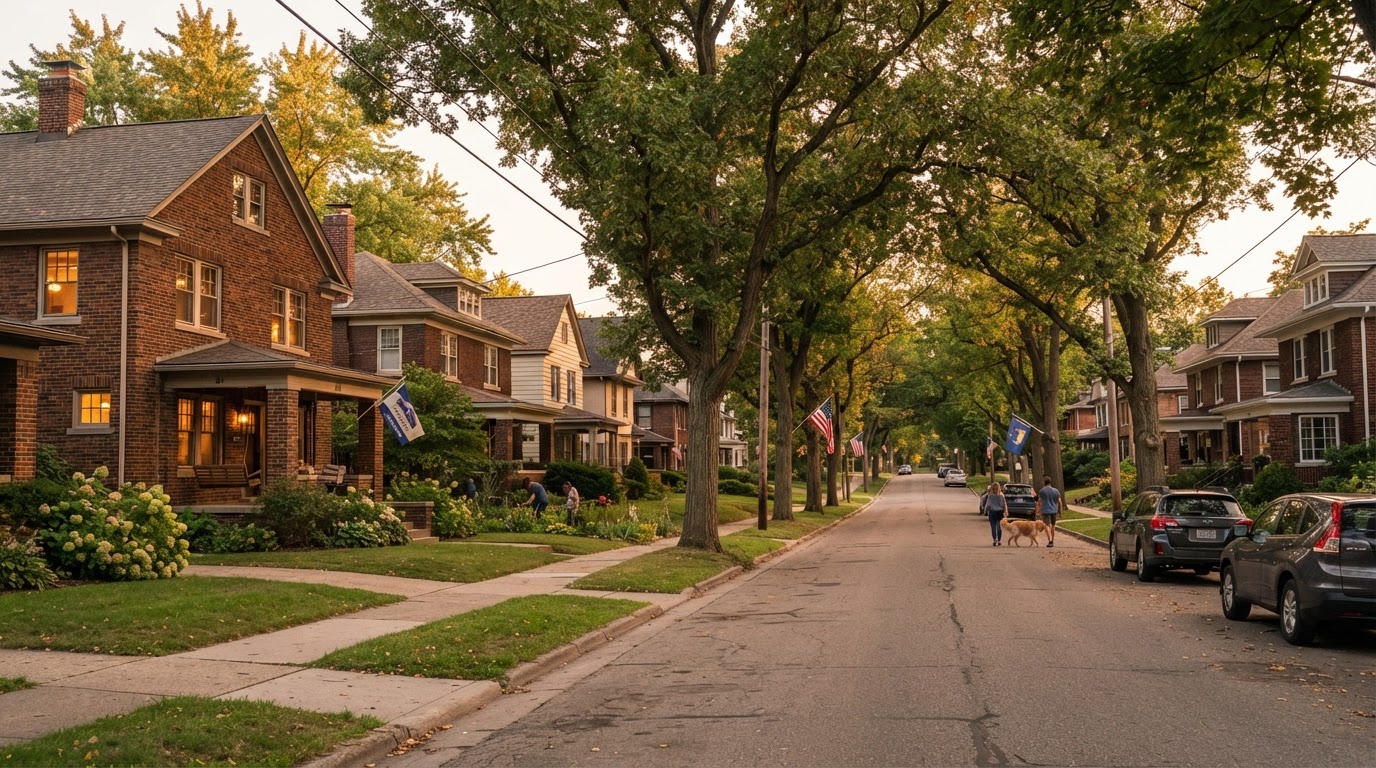 Cozy suburban Grand Rapids residential street with brick homes in Alger Heights