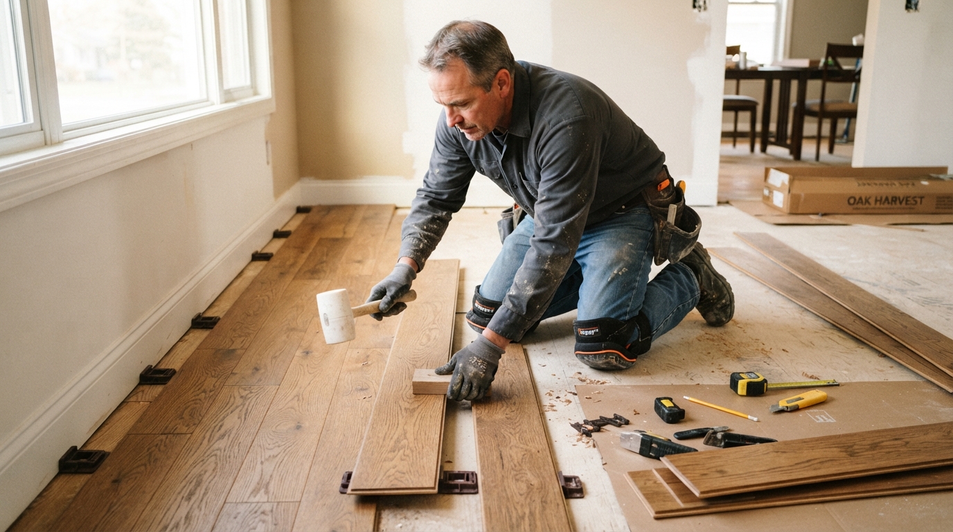 Professional flooring installer laying hardwood floor planks in a residential living room in Grand Rapids Michigan