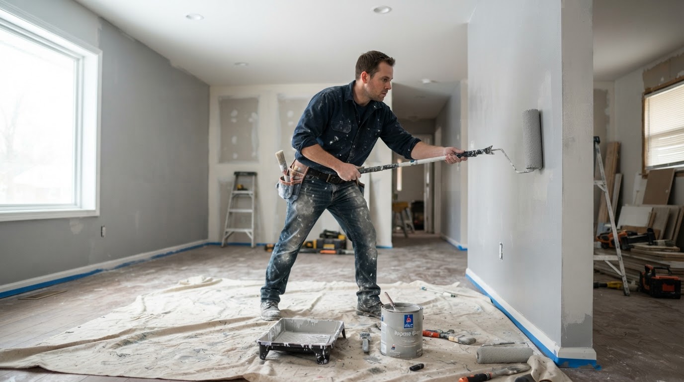 Professional painter applying fresh paint to interior walls during a residential renovation in Grand Rapids Michigan
