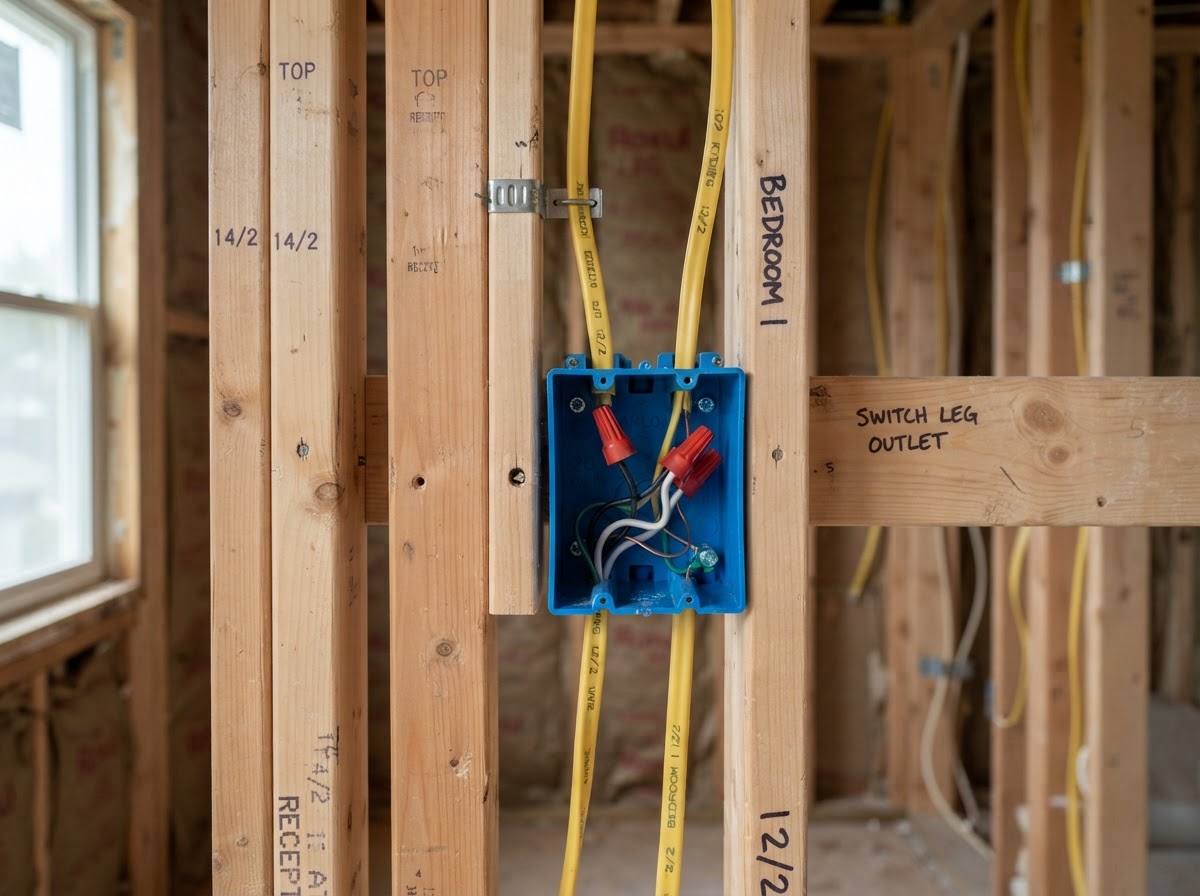 Close-up of new Romex cables and outlet boxes installed in framed wall studs during a home remodel