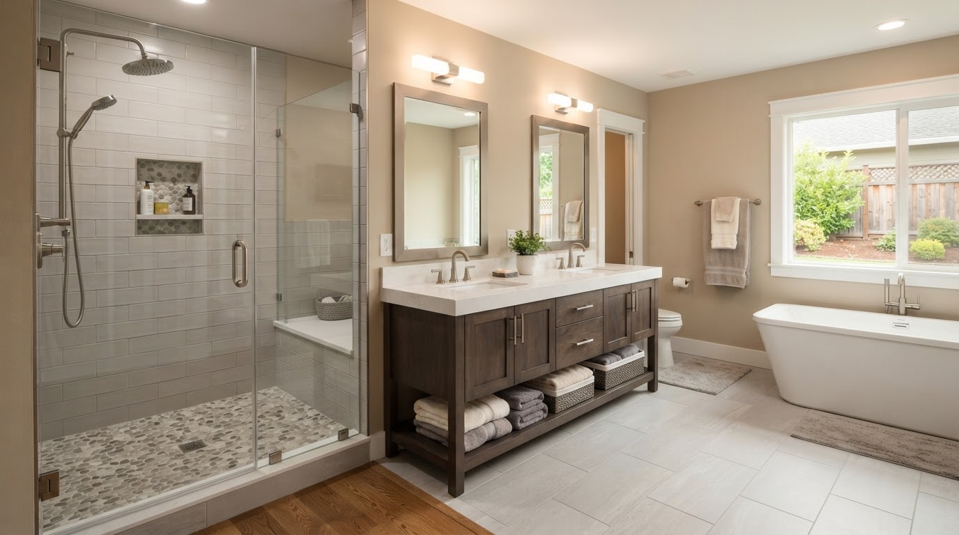 Beautifully finished residential bathroom remodel with walk-in glass shower, modern vanity and tile work in Grand Rapids Michigan
