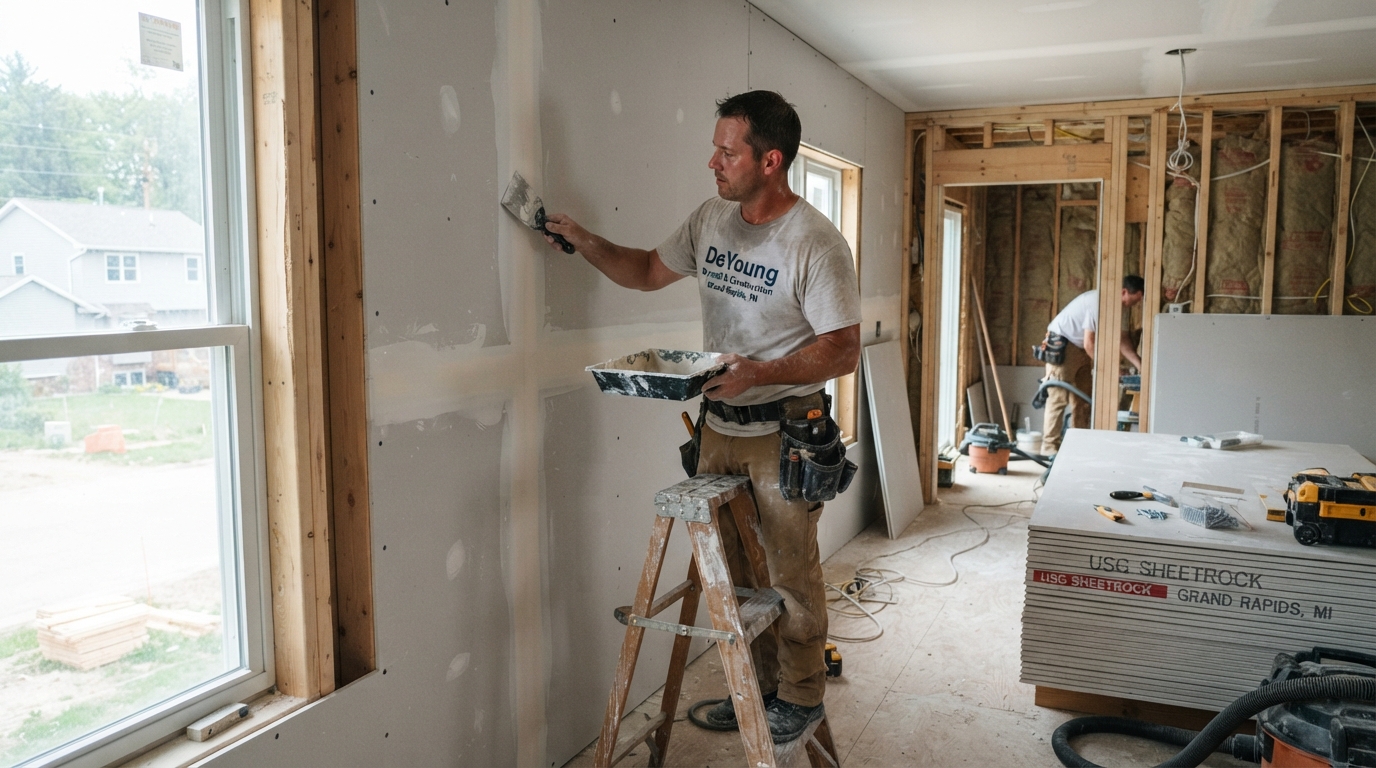 Professional contractor installing drywall sheets on wall studs during a residential renovation in Grand Rapids Michigan