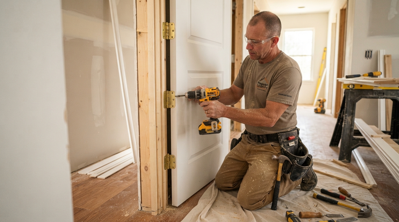 Professional contractor installing a new interior door in a residential home in Grand Rapids Michigan