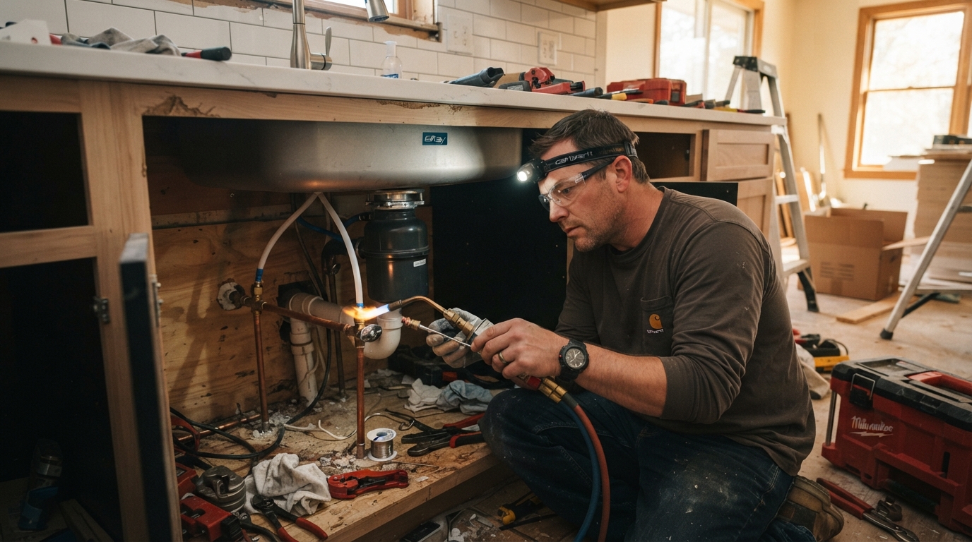 Professional plumber connecting copper pipes under a kitchen sink during a home remodel in Grand Rapids Michigan