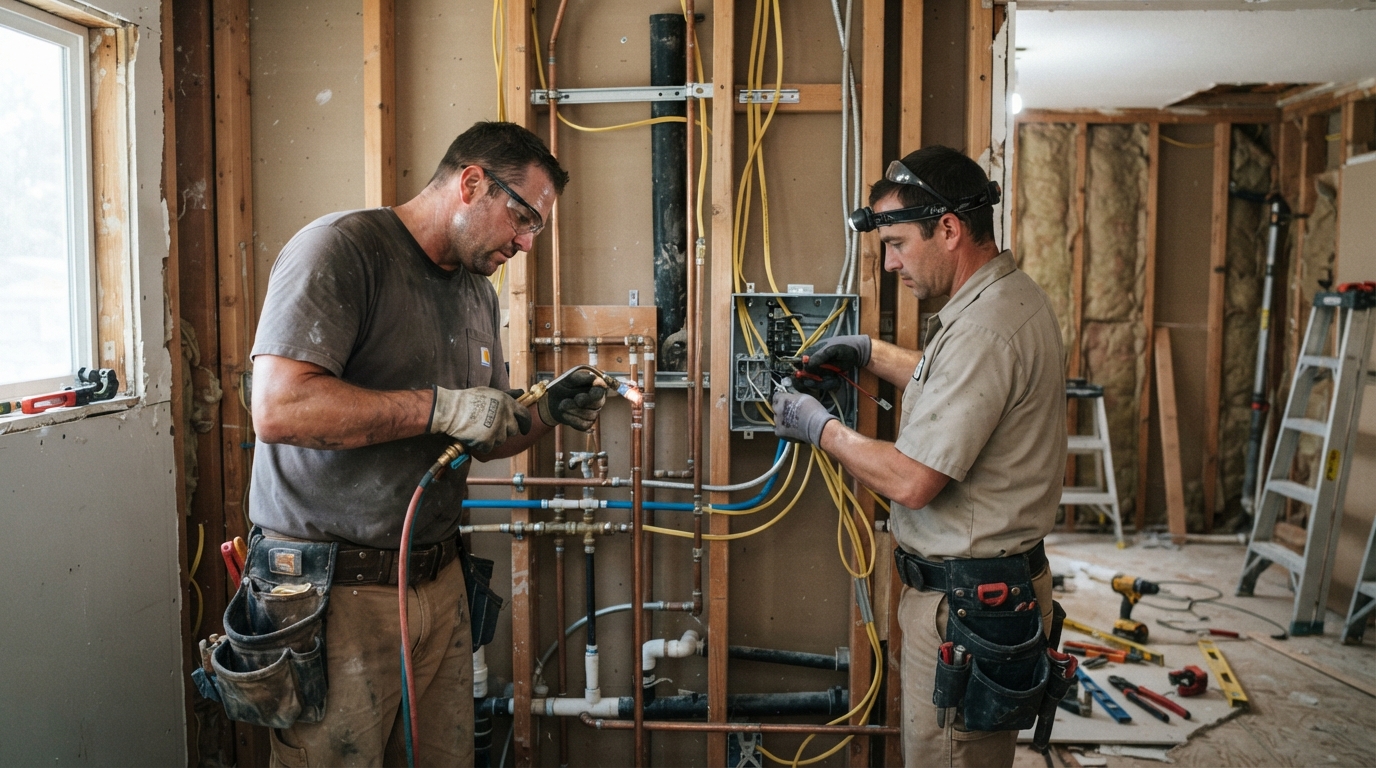 Residential plumber and electrician working on exposed wall pipes and wiring during a home remodel