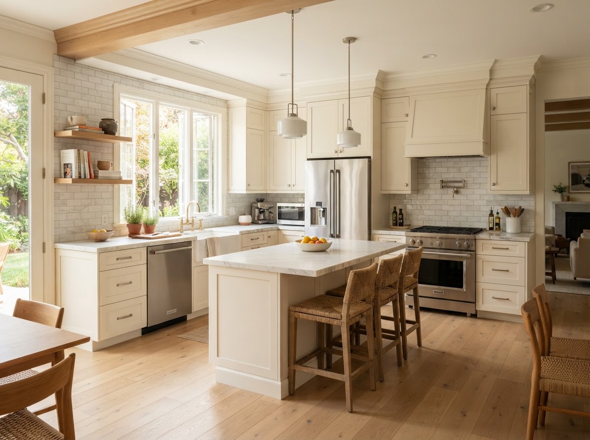 Freshly remodeled residential kitchen with new cabinetry and tile backsplash