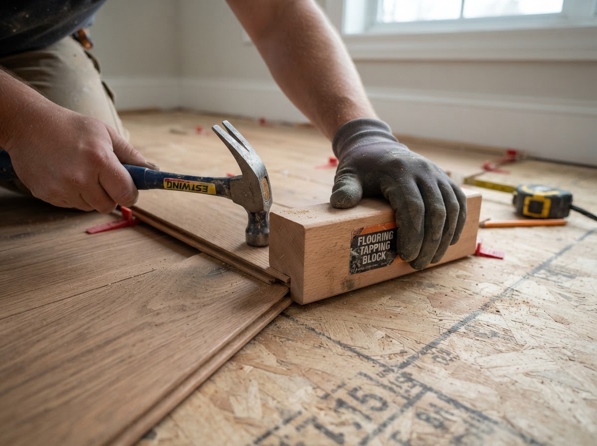 Close-up of hardwood flooring planks being fit together with a tapping block