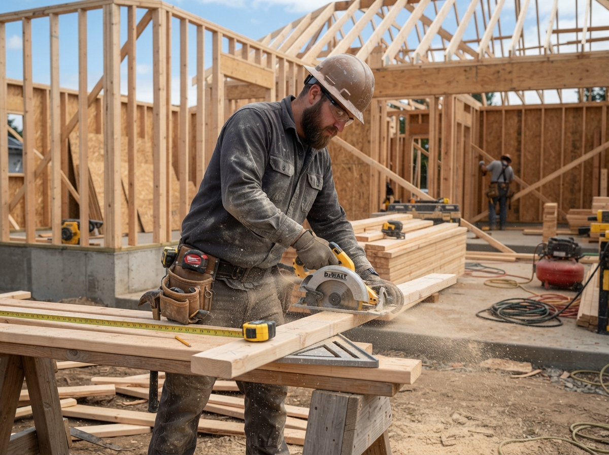Carpenter measuring and cutting lumber on a residential construction site