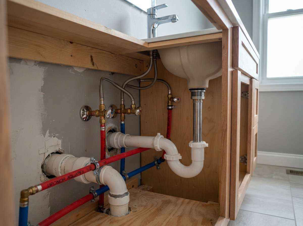 Close-up of PEX water lines and copper pipes connected to a new vanity sink in a bathroom remodel